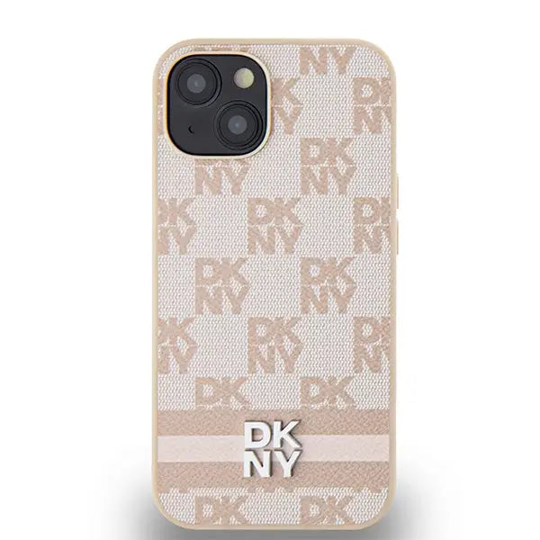 DKNY Leather Checkered Mono Pattern & Printed Stripes case for iPhone 15 / 14 / 13 - pink - Cell phone cases