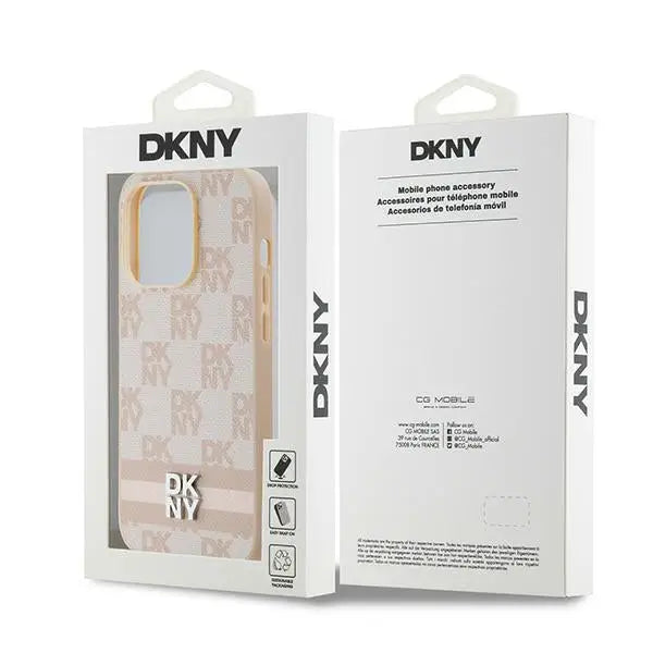 DKNY Leather Checkered Mono Pattern & Printed Stripes case for iPhone 14 Pro - pink - Cell phone cases