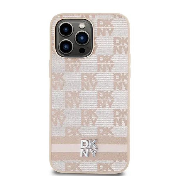 DKNY Leather Checkered Mono Pattern & Printed Stripes case for iPhone 14 Pro Max - pink - Cell phone cases
