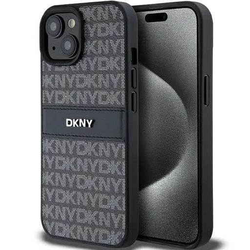 DKNY Leather Mono Stripe & Metal Logo Case for iPhone 15/14/13 - Black - Cell phone cases and covers<<<HurtelXML