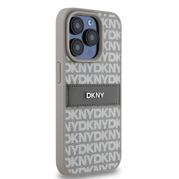 DKNY Leather Mono Stripe & Metal Logo case for iPhone 15 Pro - beige - Cell phone cases and covers<<<HurtelXML
