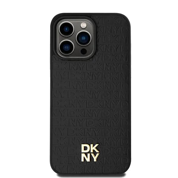 DKNY Leather Monogram Pattern Metal Logo MagSafe Case for iPhone 15 Pro Max - Black - Cell phone cases