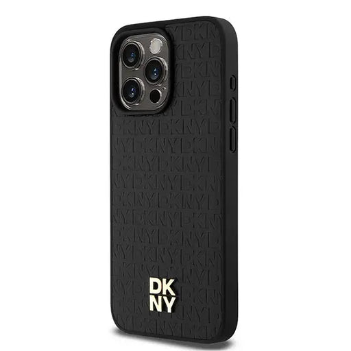 DKNY Leather Monogram Pattern Metal Logo MagSafe Case for iPhone 15 Pro Max - Black - Cell phone cases