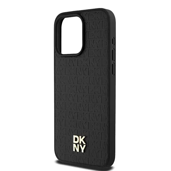 DKNY Leather Monogram Pattern Metal Logo MagSafe Case for iPhone 15 Pro Max - Black - Cell phone cases
