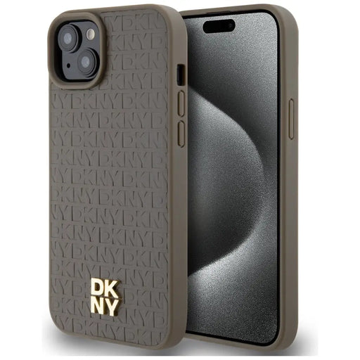 DKNY Leather Pattern Metal Logo MagSafe Case for iPhone 15 Plus / 14 Plus - Brown - Cell phone cases