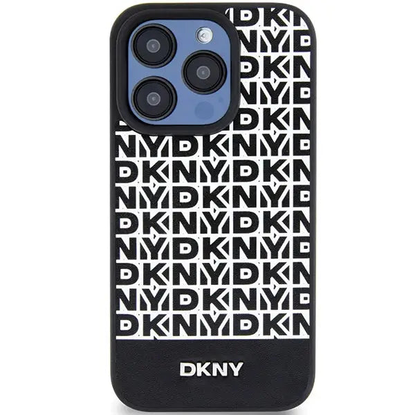 DKNY Leather Printed Pattern Metal Logo MagSafe Case for iPhone 15 Pro Max - Black - Cell phone cases