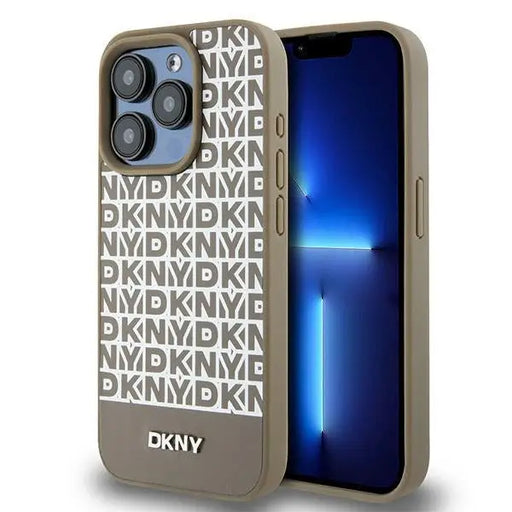 DKNY Leather Printed Pattern Metal Logo MagSafe Case for iPhone 15 Pro - Brown - Cell phone cases and covers<<<HurtelXML