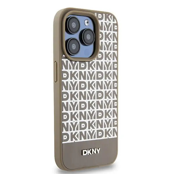 DKNY Leather Printed Pattern Metal Logo MagSafe Case for iPhone 15 Pro Max - Brown - Cell phone cases