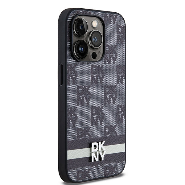 DKNY Leather Checkered Mono Pattern &amp; Printed Stripes iPhone 14 Pro Case - Black