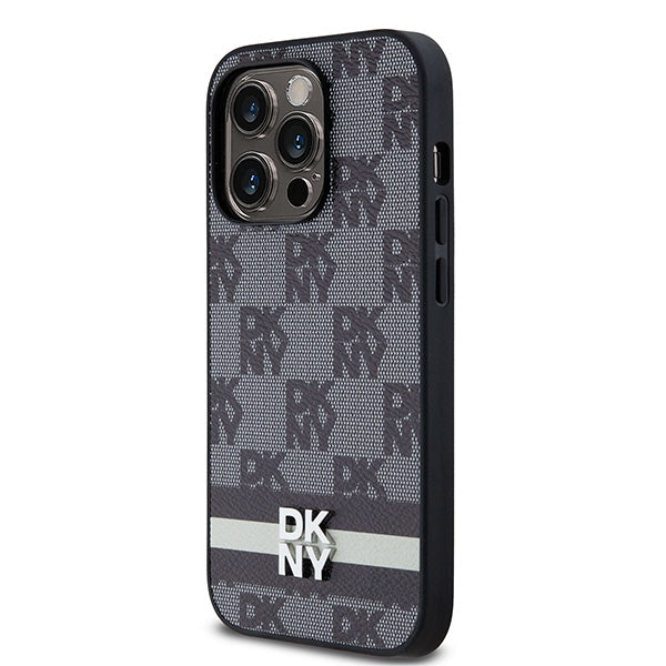 DKNY Leather Checkered Mono Pattern &amp; Printed Stripes iPhone 14 Pro Case - Black