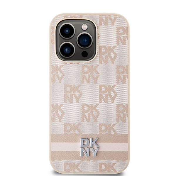 DKNY Leather Checkered Mono Pattern &amp; Printed Stripes case for iPhone 14 Pro - pink