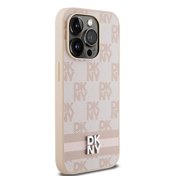 DKNY Leather Checkered Mono Pattern &amp; Printed Stripes case for iPhone 14 Pro - pink