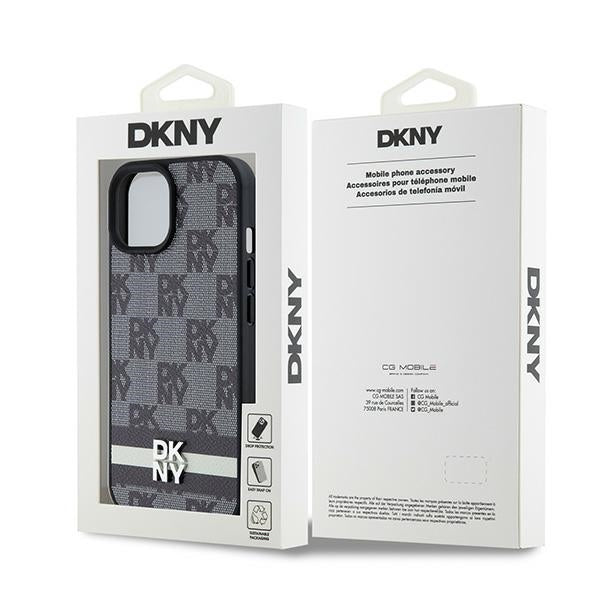 DKNY Leather Checkered Mono Pattern &amp; Printed Stripes Case for iPhone 15/14/13 - Black