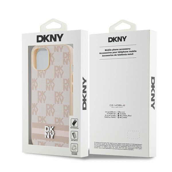 DKNY Leather Checkered Mono Pattern &amp; Printed Stripes case for iPhone 15 / 14 / 13 - pink