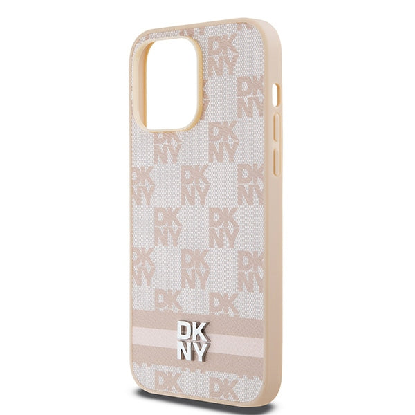 DKNY Leather Checkered Mono Pattern &amp; Printed Stripes case for iPhone 14 Pro Max - pink