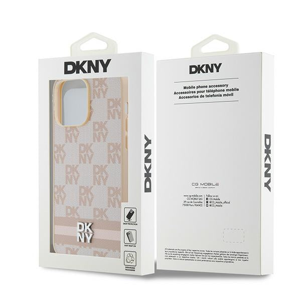 DKNY Leather Checkered Mono Pattern &amp; Printed Stripes case for iPhone 14 Pro Max - pink