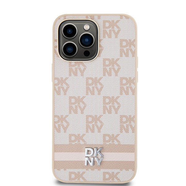 DKNY Leather Checkered Mono Pattern &amp; Printed Stripes case for iPhone 14 Pro Max - pink