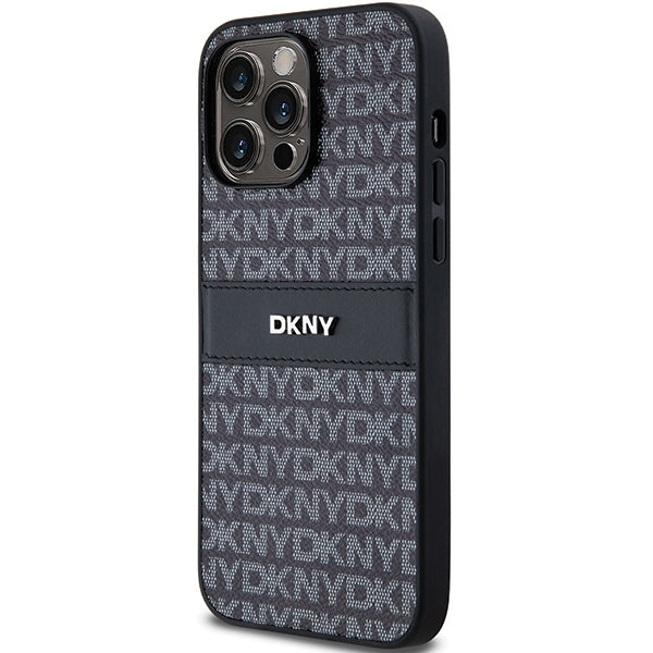DKNY Leather Mono Stripe &amp; Metal Logo case for iPhone 14 Pro Max - black