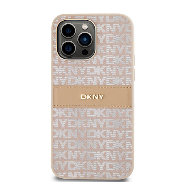 DKNY Leather Mono Stripe &amp; Metal Logo case for iPhone 14 Pro Max - pink