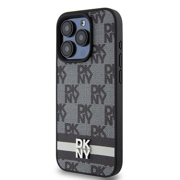 DKNY Leather Checkered Mono Pattern &amp; Printed Stripes iPhone 15 Pro Case - Black
