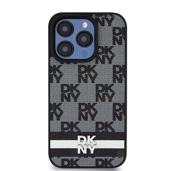 DKNY Leather Checkered Mono Pattern &amp; Printed Stripes iPhone 15 Pro Case - Black