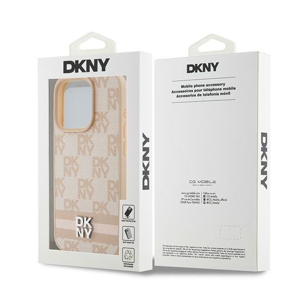 DKNY Leather Checkered Mono Pattern &amp; Printed Stripes case for iPhone 15 Pro - pink