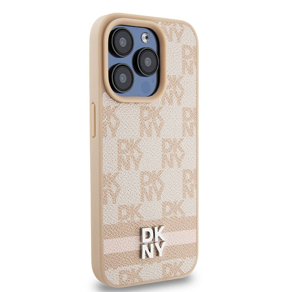 DKNY Leather Checkered Mono Pattern &amp; Printed Stripes case for iPhone 15 Pro - pink