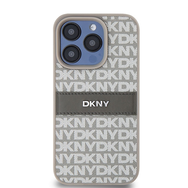 DKNY Leather Mono Stripe &amp; Metal Logo case for iPhone 15 Pro - beige