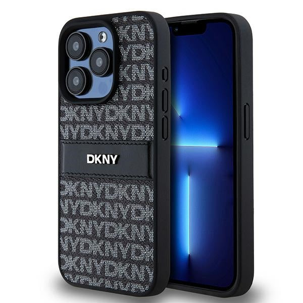 DKNY Leather Mono Stripe &amp; Metal Logo case for iPhone 15 Pro - black