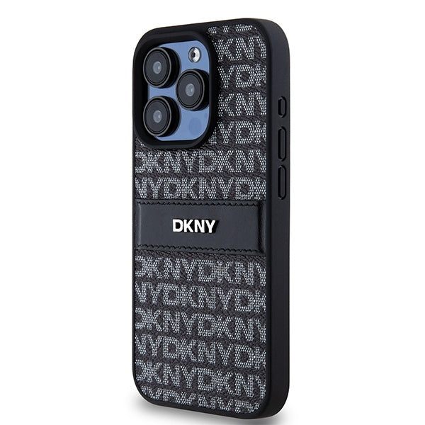 DKNY Leather Mono Stripe &amp; Metal Logo case for iPhone 15 Pro - black
