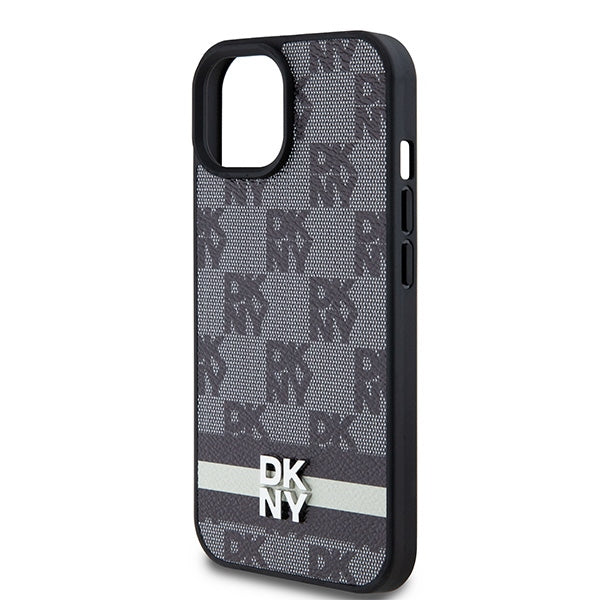 DKNY Leather Checkered Mono Pattern &amp; Printed Stripes Case for iPhone 15 Plus / 14 Plus - Black