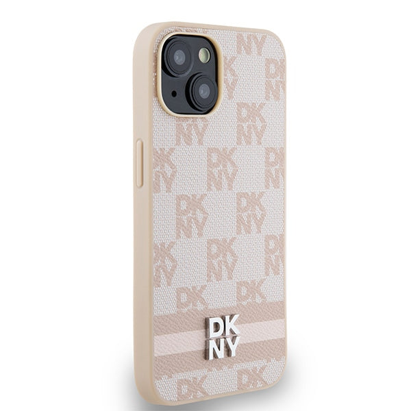 DKNY Leather Checkered Mono Pattern &amp; Printed Stripes Case for iPhone 15 Plus / 14 Plus - Pink