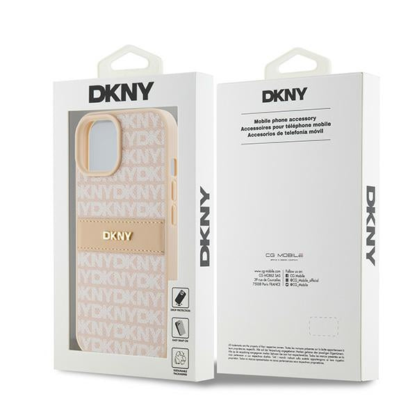DKNY Leather Mono Stripe &amp; Metal Logo case for iPhone 15 / 14 / 13 - pink