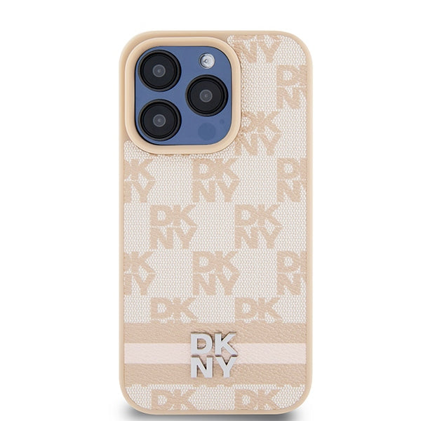 DKNY Leather Checkered Mono Pattern &amp; Printed Stripes case for iPhone 15 Pro Max - pink