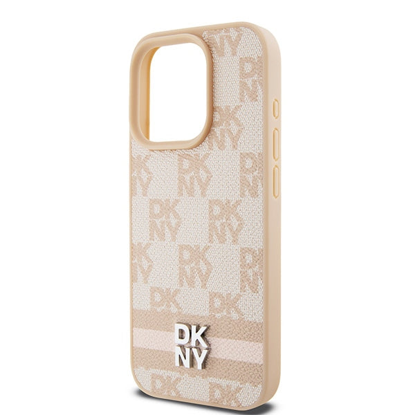 DKNY Leather Checkered Mono Pattern &amp; Printed Stripes case for iPhone 15 Pro Max - pink
