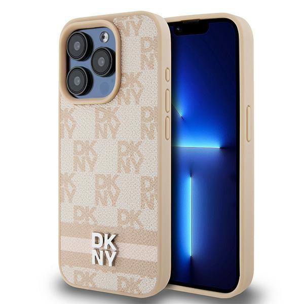 DKNY Leather Checkered Mono Pattern &amp; Printed Stripes case for iPhone 15 Pro Max - pink