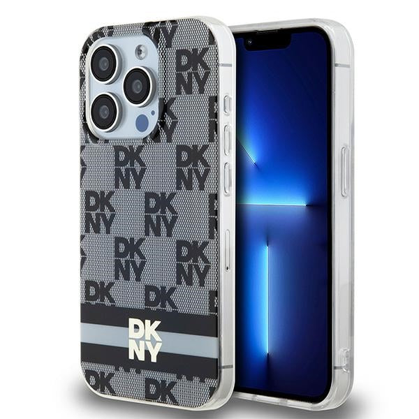 DKNY IML Checkered Mono Pattern &amp; Printed Stripes MagSafe Case for iPhone 14 Pro - Black