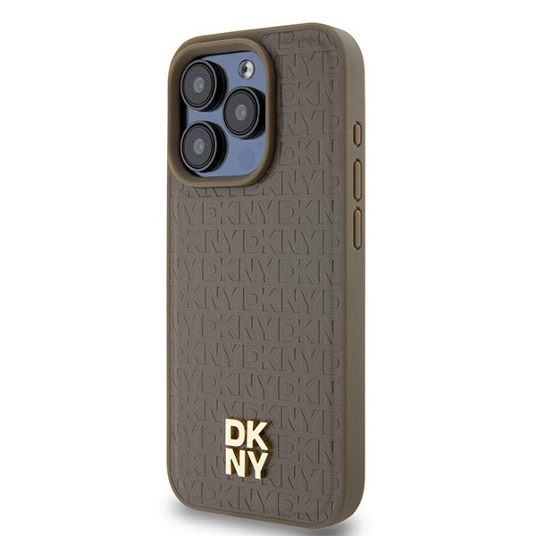 DKNY Leather Pattern Metal Logo MagSafe case for iPhone 14 Pro - brown