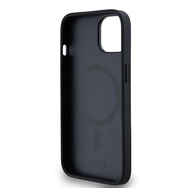 DKNY Leather Monogram Pattern Metal Logo MagSafe Case for iPhone 15/14/13 - Black
