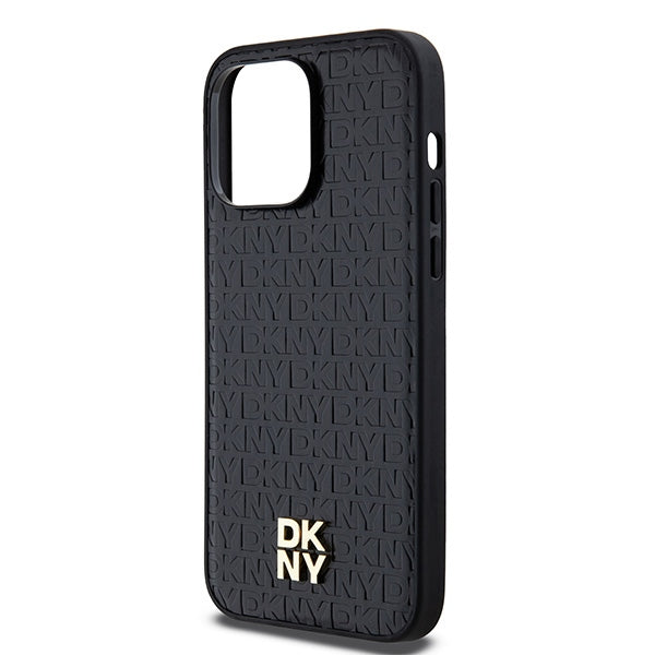 DKNY Leather Monogram Pattern Metal Logo MagSafe Case for iPhone 14 Pro Max - Black