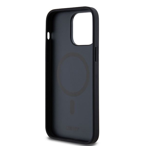 DKNY Leather Monogram Pattern Metal Logo MagSafe Case for iPhone 14 Pro Max - Black