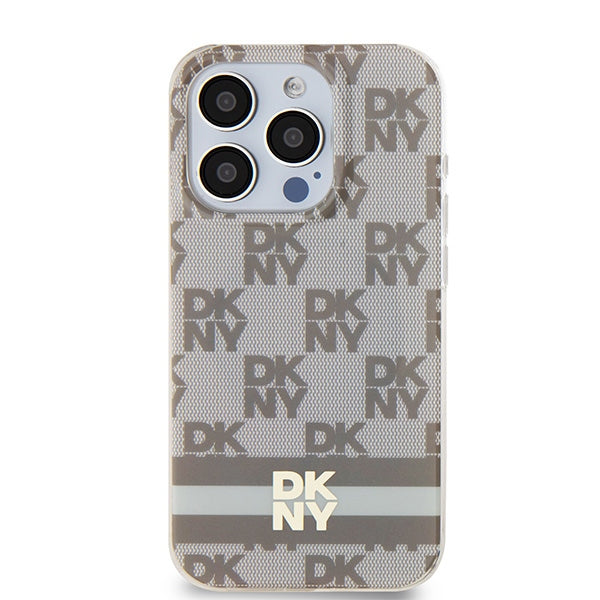 DKNY IML Checkered Mono Pattern &amp; Printed Stripes MagSafe case for iPhone 15 Pro - beige