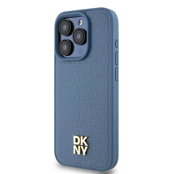 DKNY Leather Monogram Pattern Metal Logo MagSafe Case for iPhone 15 Pro - Blue