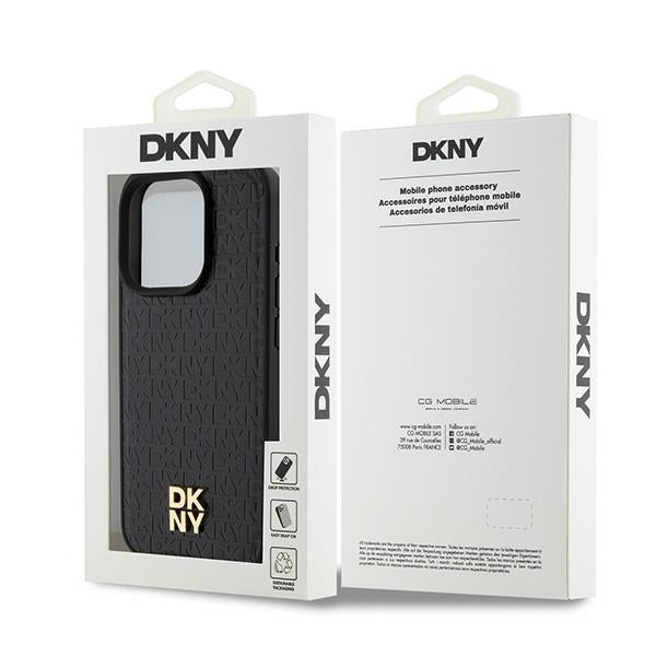 DKNY Leather Monogram Pattern Metal Logo MagSafe Case for iPhone 15 Pro - Black