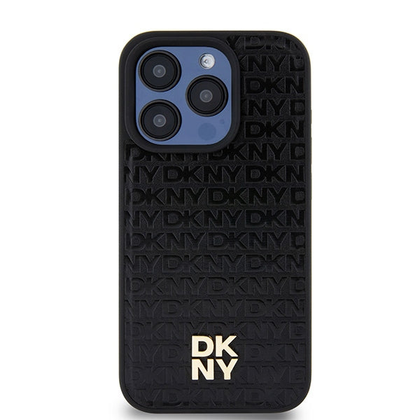DKNY Leather Monogram Pattern Metal Logo MagSafe Case for iPhone 15 Pro - Black