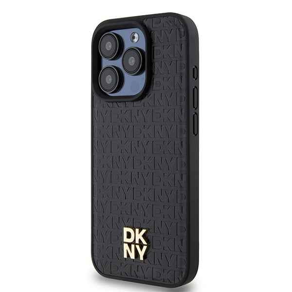 DKNY Leather Monogram Pattern Metal Logo MagSafe Case for iPhone 15 Pro - Black
