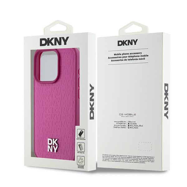 DKNY Leather Monogram Pattern Metal Logo MagSafe Case for iPhone 15 Pro - Pink
