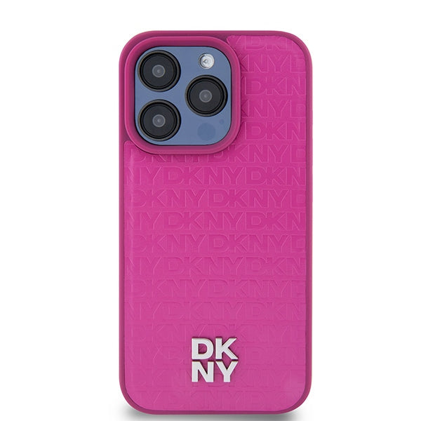 DKNY Leather Monogram Pattern Metal Logo MagSafe Case for iPhone 15 Pro - Pink