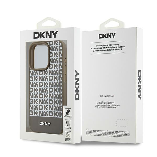 DKNY Leather Printed Pattern Metal Logo MagSafe Case for iPhone 15 Pro - Brown