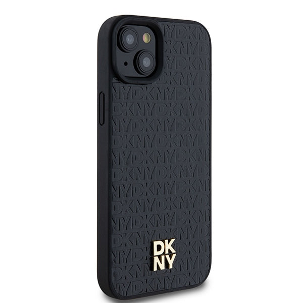 DKNY Leather Monogram Pattern Metal Logo MagSafe Case for iPhone 15 Plus / 14 Plus - Black